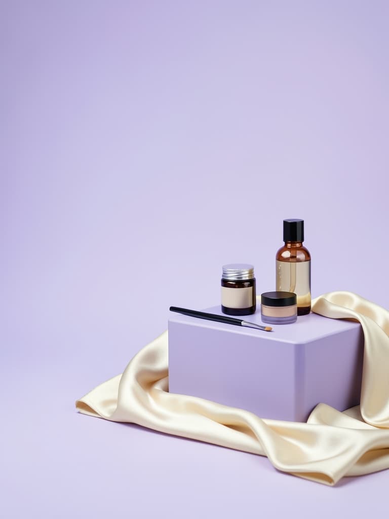 Composition lumineuse d'accessoires de beauté sur fond lavande